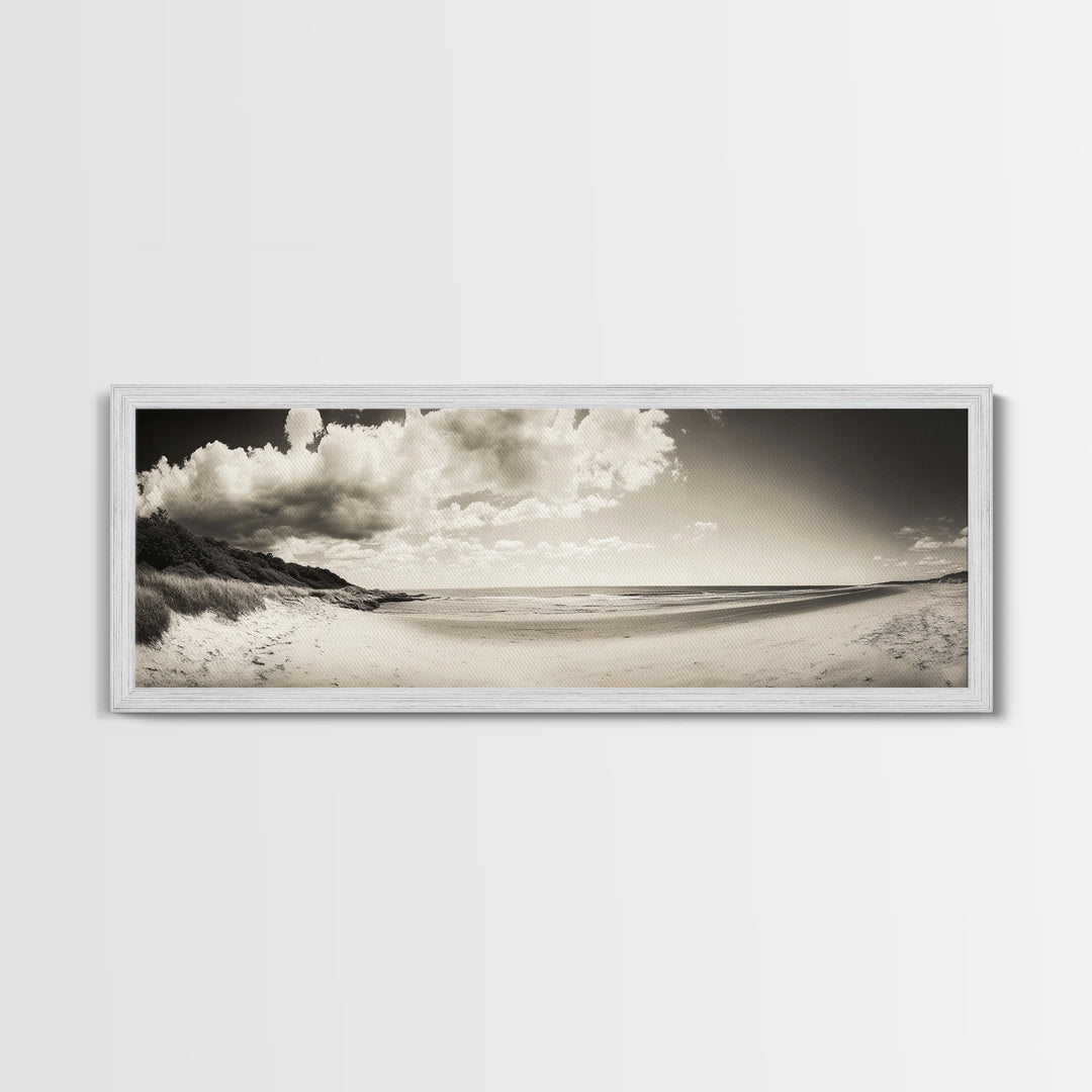 Cloudy Beach, Sandy Shoreline, Coastal Serenity, Framed Canvas Print, Neutral Tones Wall Art, Minimalist Bathroom or Hallway Decor