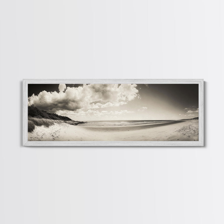 Cloudy Beach, Sandy Shoreline, Coastal Serenity, Framed Canvas Print, Neutral Tones Wall Art, Minimalist Bathroom or Hallway Decor
