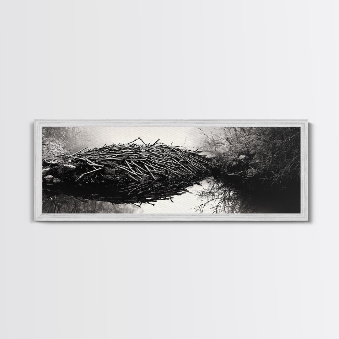 Beaver Dam, Nature Structure, Quiet Creek, Reflection Art, Framed Canvas Print, Cabin Wall Art, Rustic Decor, Woodland Black and White Art