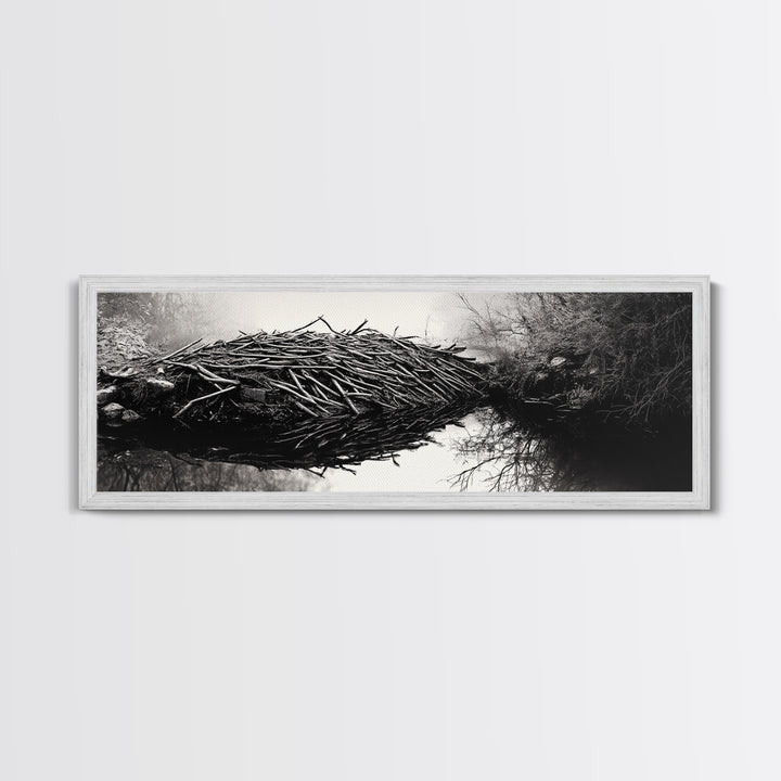 Beaver Dam, Nature Structure, Quiet Creek, Reflection Art, Framed Canvas Print, Cabin Wall Art, Rustic Decor, Woodland Black and White Art