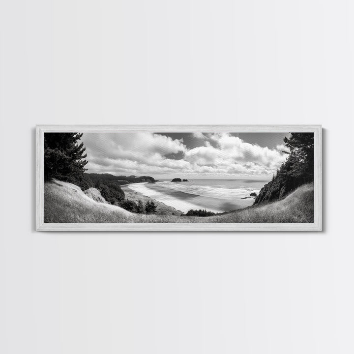 Ocean Bluff View, Seaside Hills, Coastal Forest Horizon, Framed Canvas Print, Nature Landscape Art, Living Room or Office Decor
