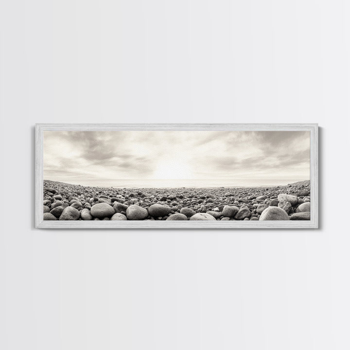 Pebble Shoreline, Soft Horizon, Beach Sunrise, Calm Coastal Decor, Framed Canvas Print, Neutral Tones, Bedroom Wall Art, Nature Minimalism