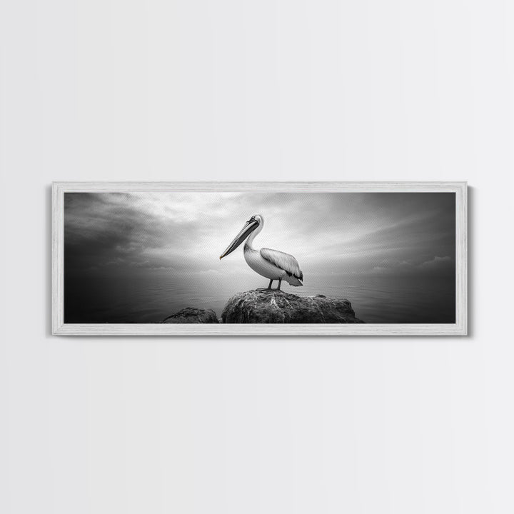 Coastal Pelican, Ocean Rock, Tranquil Wildlife Scene, Framed Canvas Print, Beach House Wall Art, Seaside Nature Decor, Moody Tones