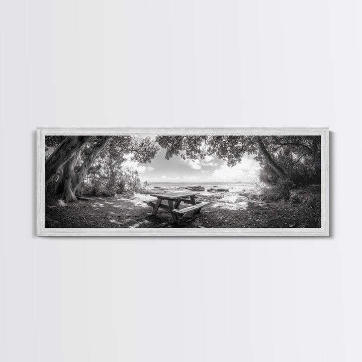 Secluded Picnic Spot, Ocean View, Tranquil Escape, Nature Sanctuary Art, Framed Canvas Print, Kitchen Wall Decor, Coastal Forest Vibe