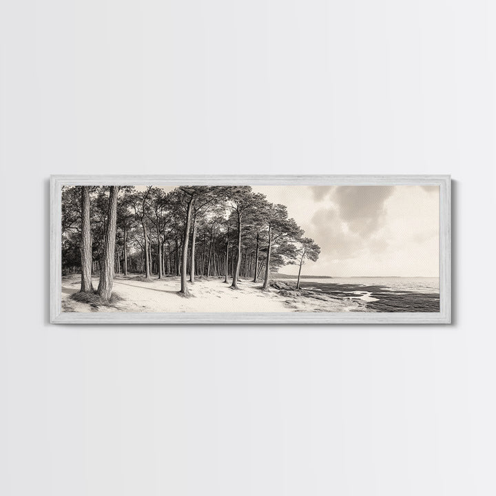 Pine Forest Coast, Tranquil Wilderness, Shoreline Trees, Earthy Coastal Scene, Framed Canvas Print, Rustic Wall Art, Autumn Cabin Decor