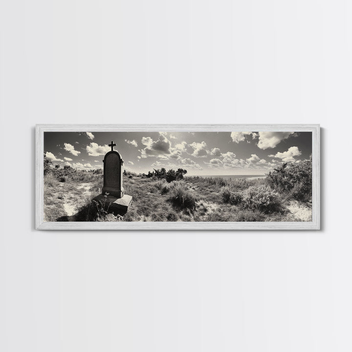 Coastal Tombstone, Sacred Landscape, Ocean Horizon, Graveyard Scene, Framed Canvas Print, Fall Living Room Decor, Moody Historical Art