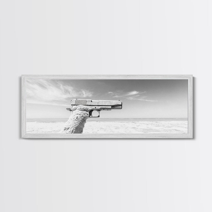 Desert Gun, Driftwood Grip, Coastal Surreal, Canvas Print, Minimalist Wall Art, Western Decor, Modern Living Room Art, Black and White Photo