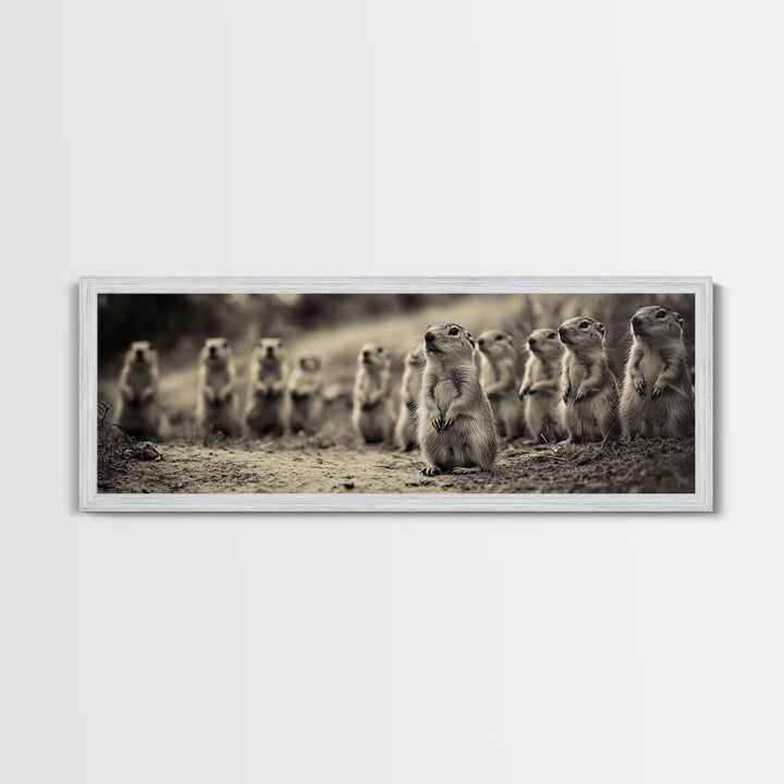 Prairie Dogs, Whimsical Critters, Nature Gathered, Canvas Print, Kids Room Art, Cute Animal Decor, Playful Black and White Art