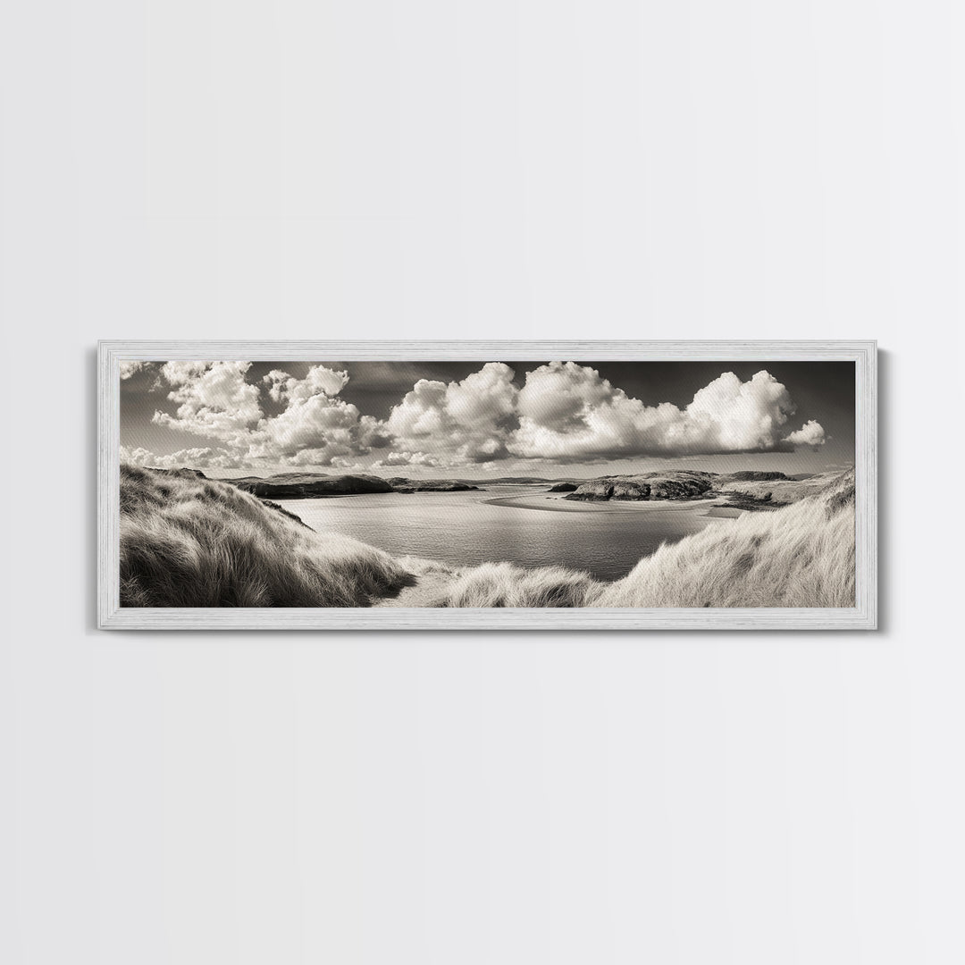 Misty Lake, Peaceful Shore, Cloud Reflections, Canvas Print, Black and White Nature Art, Coastal Landscape, Bedroom Wall Art, Minimalist Decor