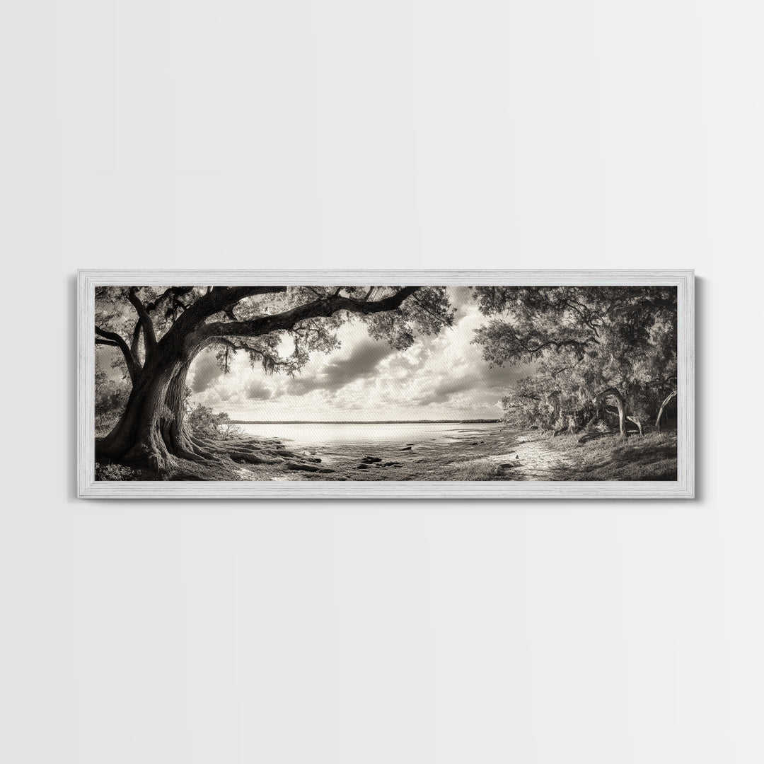 Ancient Tree, Spanish Moss, Forest Path, Framed Canvas Print, Rustic Nature Art, Living Room Wall Art, Earthy Tones, Woodland Photography