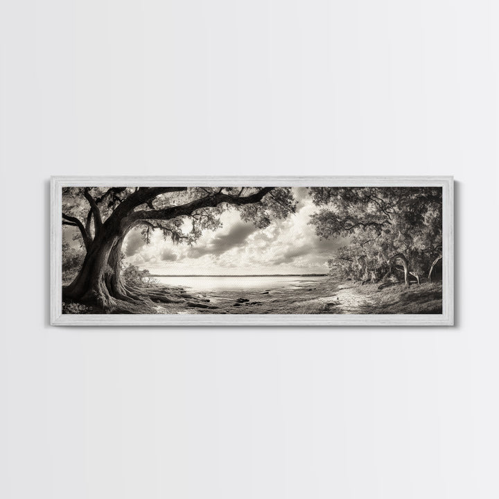 Ancient Tree, Spanish Moss, Forest Path, Framed Canvas Print, Rustic Nature Art, Living Room Wall Art, Earthy Tones, Woodland Photography