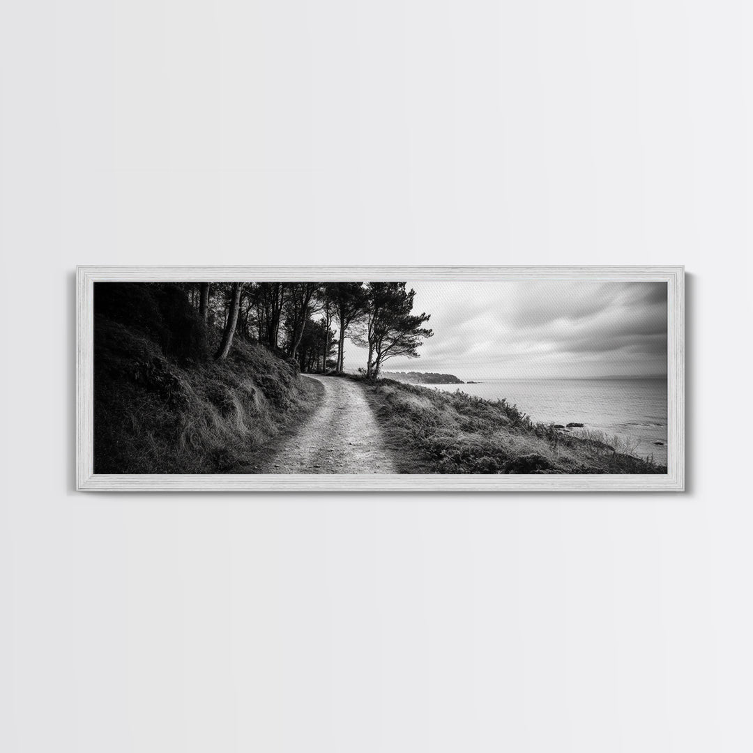 Coastal Trail, Forest Edge, Serene Path, Canvas Print, Black and White Nature Art, Entryway Wall Art, Tranquil Landscape, Moody Decor