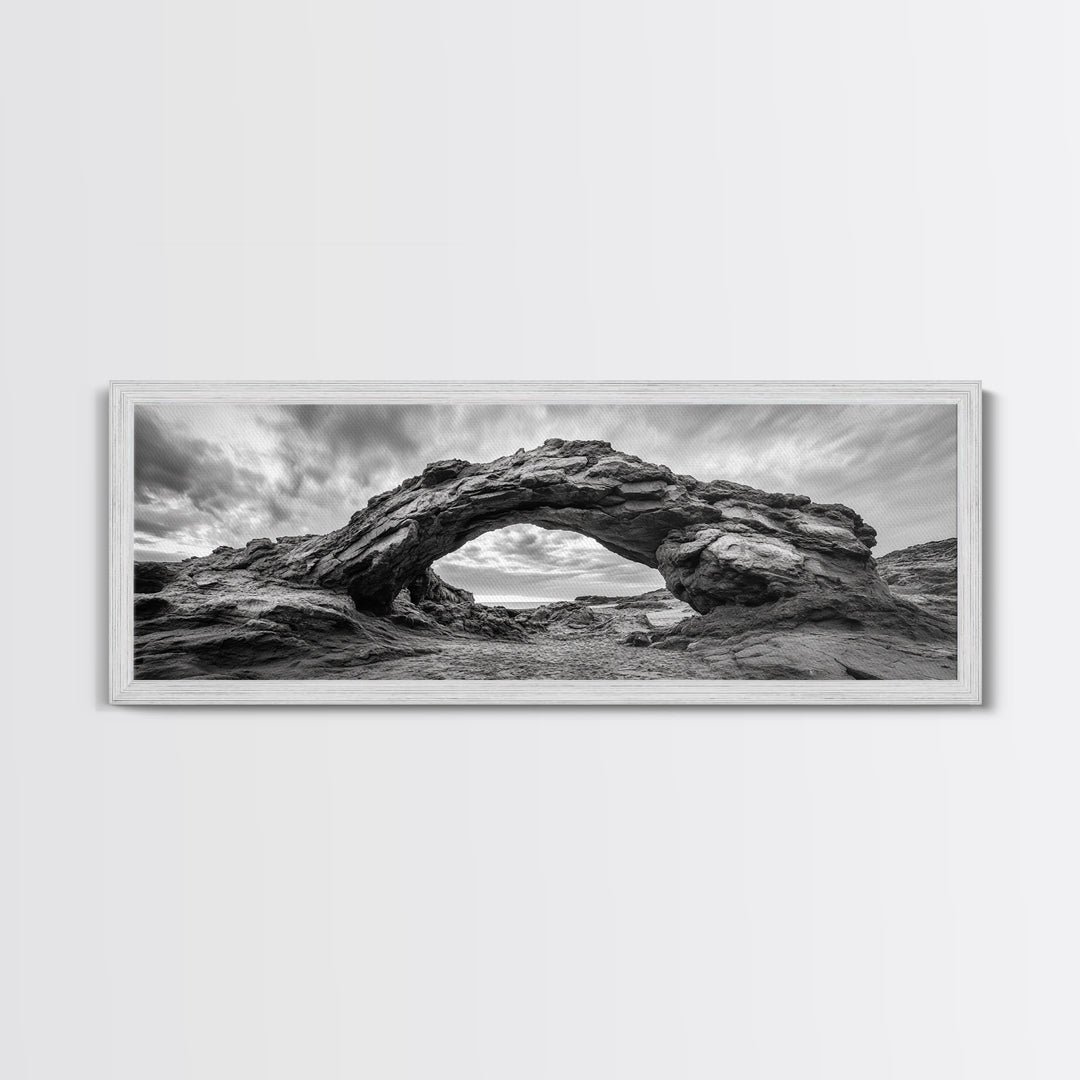 Rock Arch Landscape, Desert Formations, Dramatic Sky, Framed Canvas Print, Living Room Wall Art, Nature Inspired Decor, Monochrome Vibe