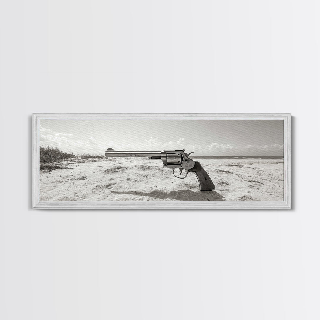 Revolver On Beach, Western Vibes, Americana Style, Framed Canvas Print, Man Cave Wall Art, Bold Statement Decor, Coastal Contrast