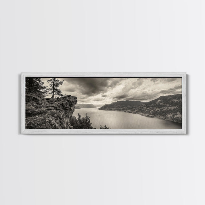 River Cliff View, Forested Mountains, Timeless Horizon, Framed Canvas Print, Living Room Wall Art, Cabin Rustic Decor, Moody Nature Art