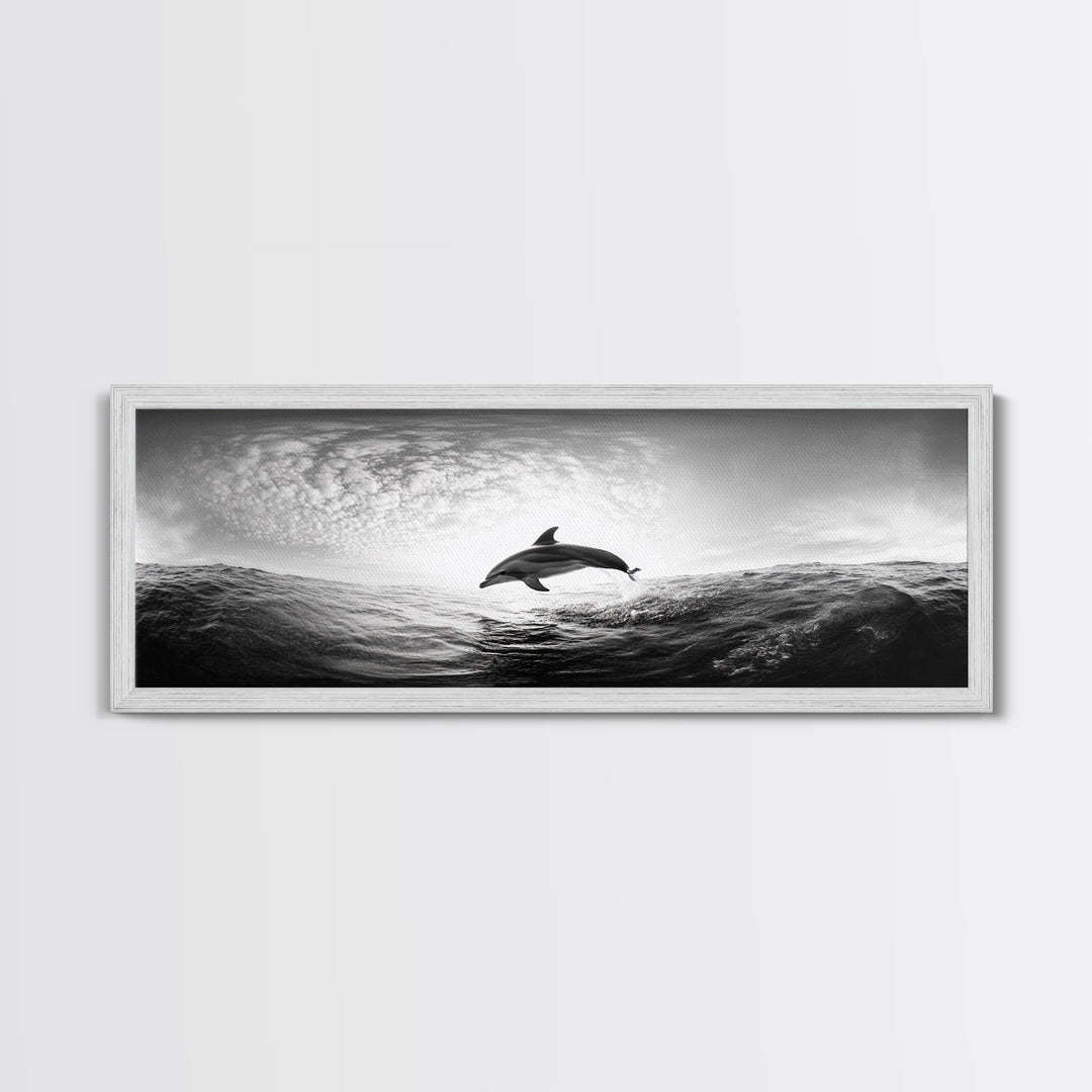 Ocean Dolphin Jump, Seascape Art, Black White Photography, Coastal Wall Decor, Canvas Print, Minimalist Bathroom Wall Art, Nautical Style