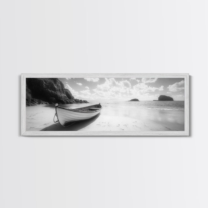 Rowboat, Sandy Cove, Island View, Canvas Print, Coastal Photography, Minimalist Beach Decor, Serene Bathroom or Bedroom Wall Art