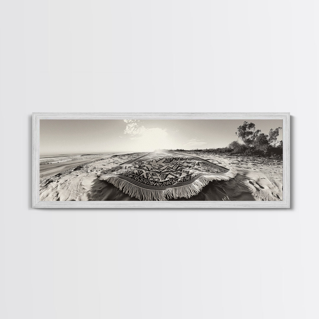 Boho Blanket, Sunrise Beach, Woven Textile, Framed Canvas Print, Bohemian Wall Art, Minimalist Bedroom Decor, Coastal Living Style