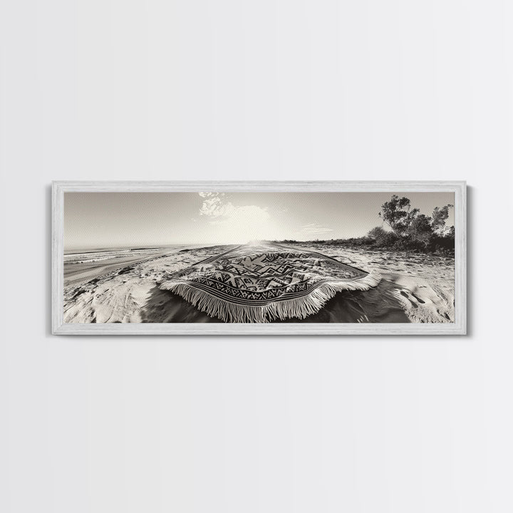 Boho Blanket, Sunrise Beach, Woven Textile, Framed Canvas Print, Bohemian Wall Art, Minimalist Bedroom Decor, Coastal Living Style