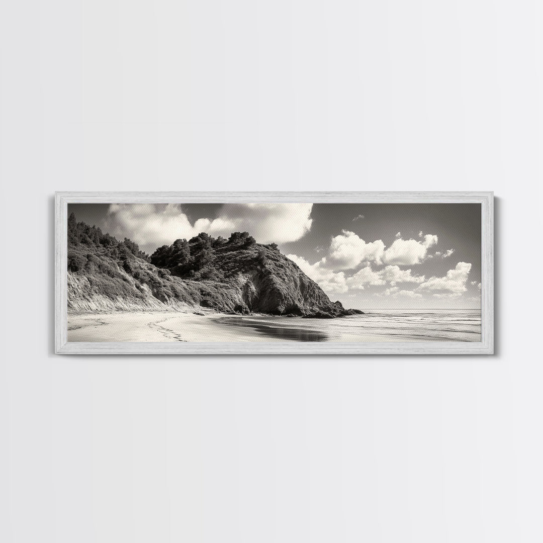 Seaside Cliff, Pine Hills, Sandy Beach, Canvas Print, Coastal Landscape Art, Modern Nature Decor, Beach House Living Room Style