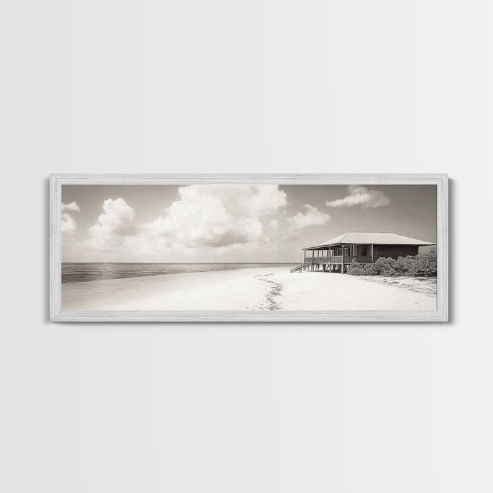 Beach House, Secluded Shore, Calm Waters, Framed Canvas Print, Coastal Wall Art, Minimalist Living Room Decor, Vacation Vibes