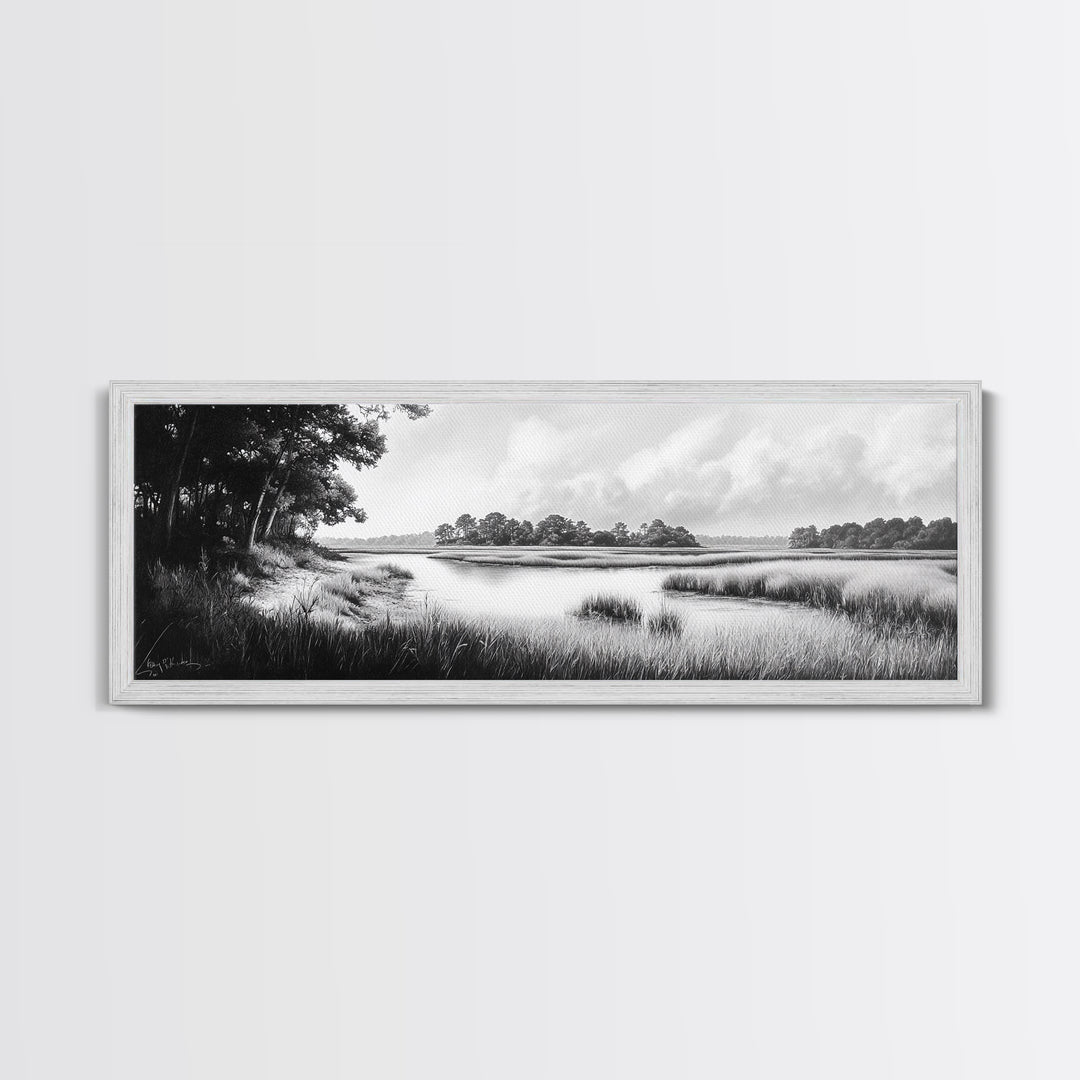 Marsh Scene, Grassy Shore, Tree Lined Path, Canvas Print, Nature Landscape Art, Rustic Cabin Decor, Peaceful Living Room Style