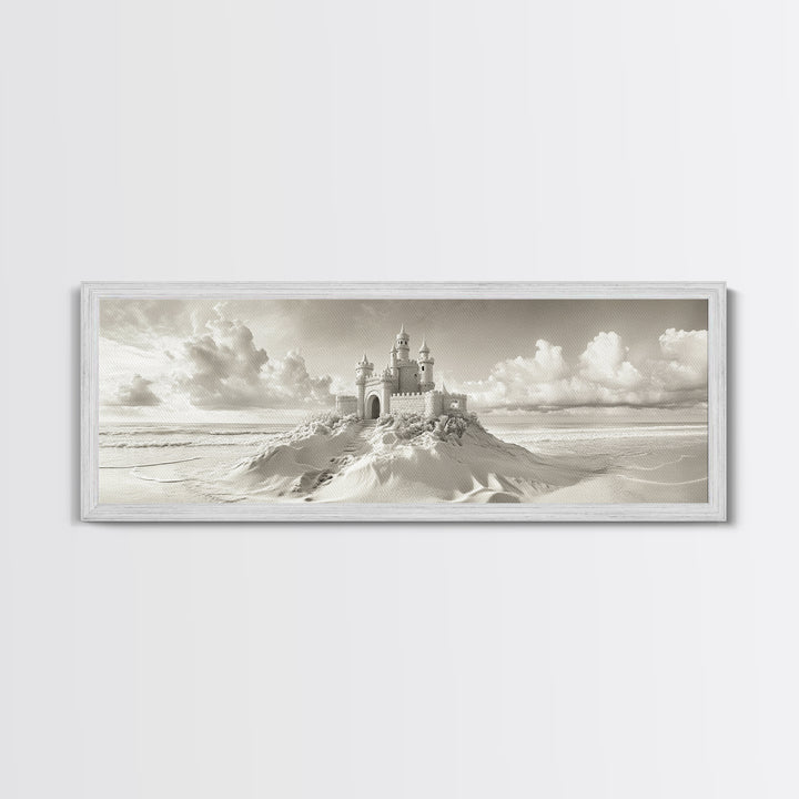 Fantasy Sand Castle, Seaside Kingdom, Dreamy Beach Scene, Magical Vibes, Framed Canvas Print, Kids Room Art, Whimsical Decor, Coastal Theme