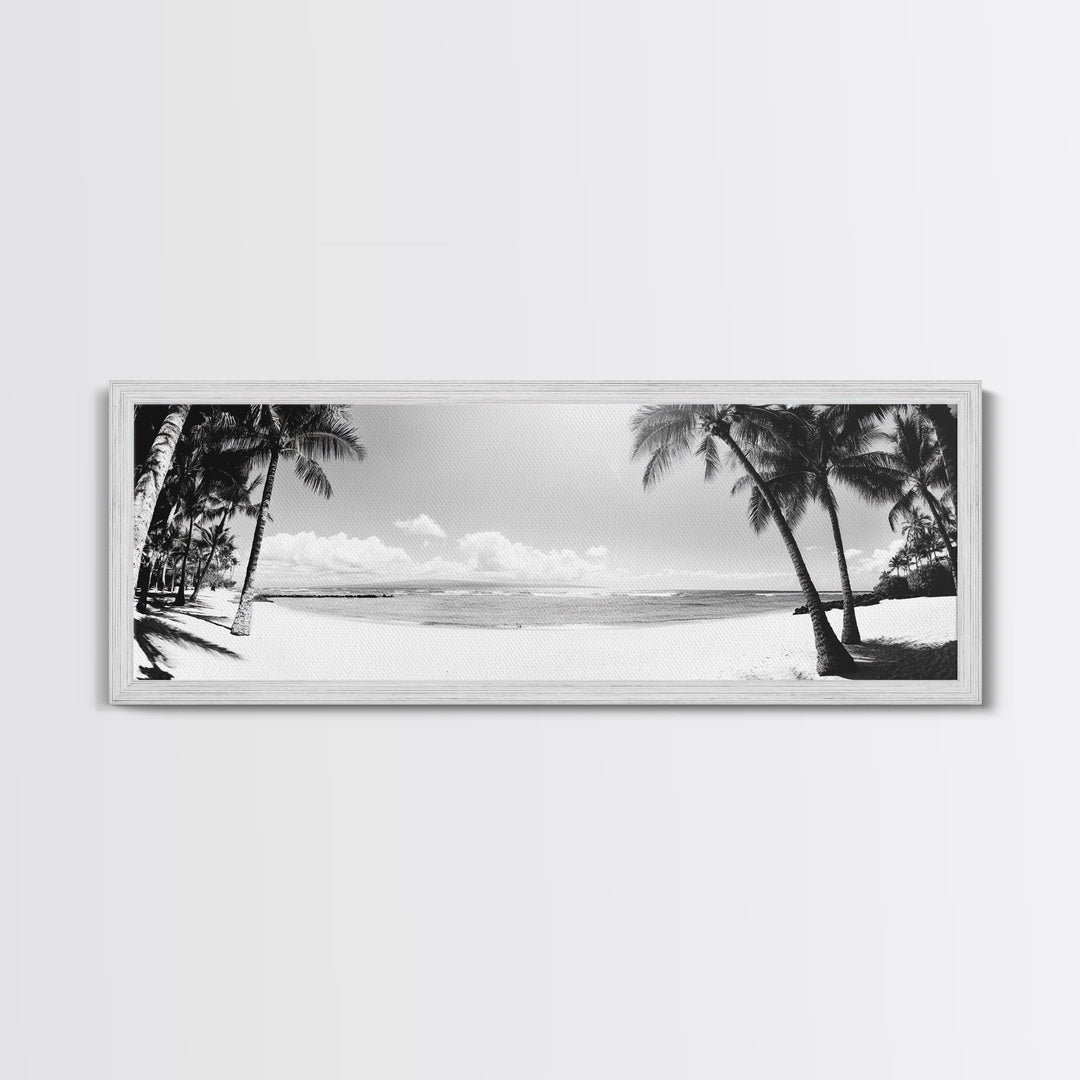 Tropical Beach Scene, Palm Tree Horizon, Ocean Serenity, Island Life, Framed Canvas Print, Coastal Wall Art, Living Room Decor, Minimalist Vibe