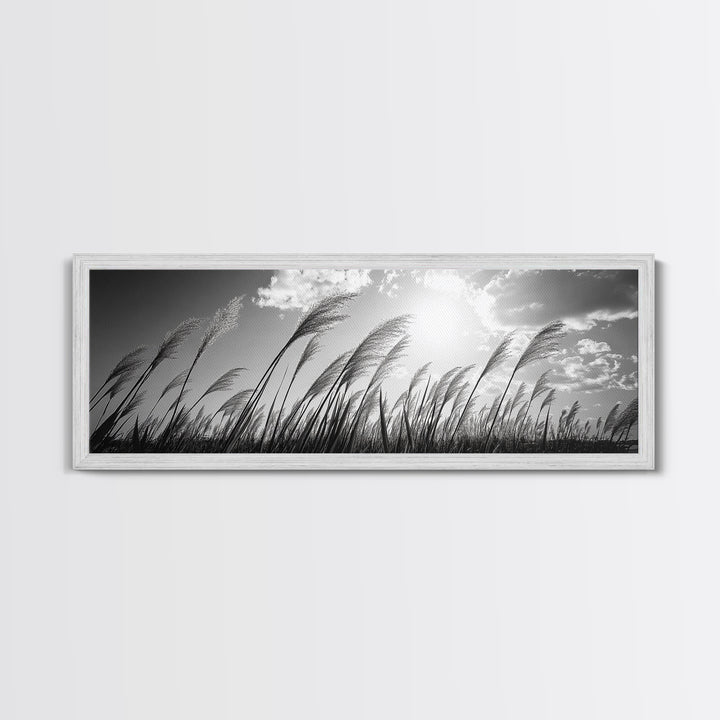 Windy Grass Field, Sunlit Sky, Nature Movement, Prairie Glow, Framed Canvas Print, Fall Wall Art, Living Room Decor, Boho Rustic Aesthetic