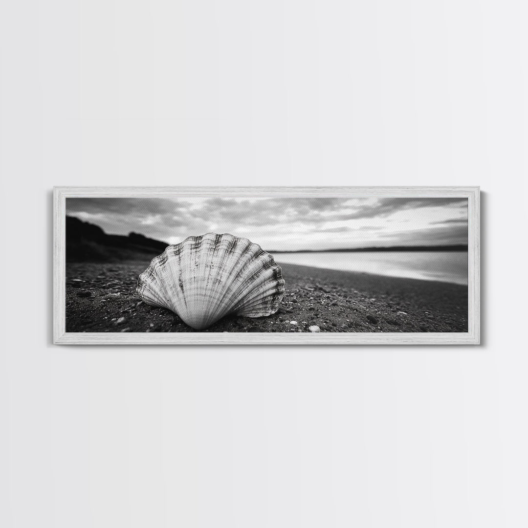 Shell on Shore, Monochrome Coastal, Canvas Print, Boho Wall Art, Bathroom Wall Decor, Natural Beach Aesthetic, Ocean Inspired Art