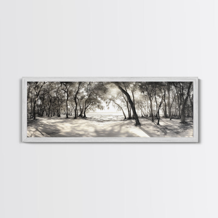 Dreamy Beach Forest, Sepia Trees, Canvas Print, Nature Wall Decor, Fall Bedroom Art, Rustic Woodland Landscape, Tree Shadow Light