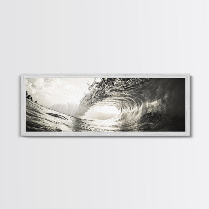 Ocean Barrel Wave, Surf Photography, Coastal Decor, Sepia Framed Canvas Print, Modern Beach House Bathroom or Living Room Wall Art