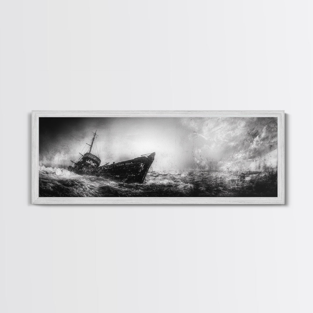 Abandoned Shipwreck Storm, Dark Sea Drama, Grunge Nautical Art, Framed Canvas Print, Industrial Office or Man Cave Wall Decor