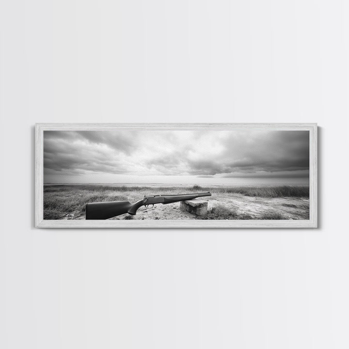 Coastal Rifle Scene, Outdoorsman Decor, Field and Sky Black and White Framed Canvas Print, Autumn Cabin or Lodge Wall Art