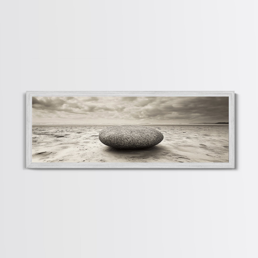 Round Beach Boulder, Serene Shore, Natural Simplicity, Neutral Toned Framed Canvas Print, Minimalist Living Room or Yoga Wall Art