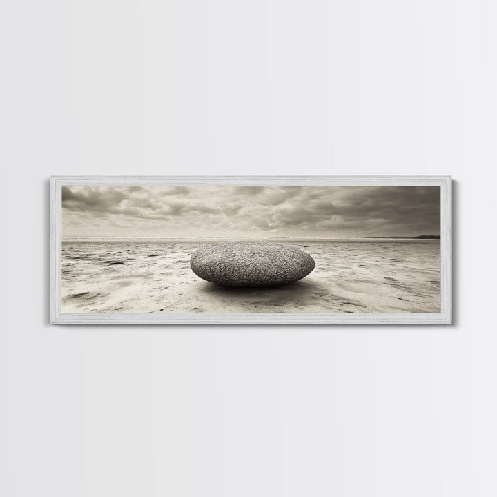 Round Beach Boulder, Serene Shore, Natural Simplicity, Neutral Toned Framed Canvas Print, Minimalist Living Room or Yoga Wall Art
