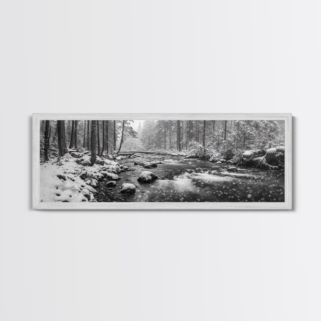 River Stream, Snow Forest, Winter Tranquility, Canvas Print, cozy cabin art, hygge home decor, Christmas wall art, woodland minimalist art