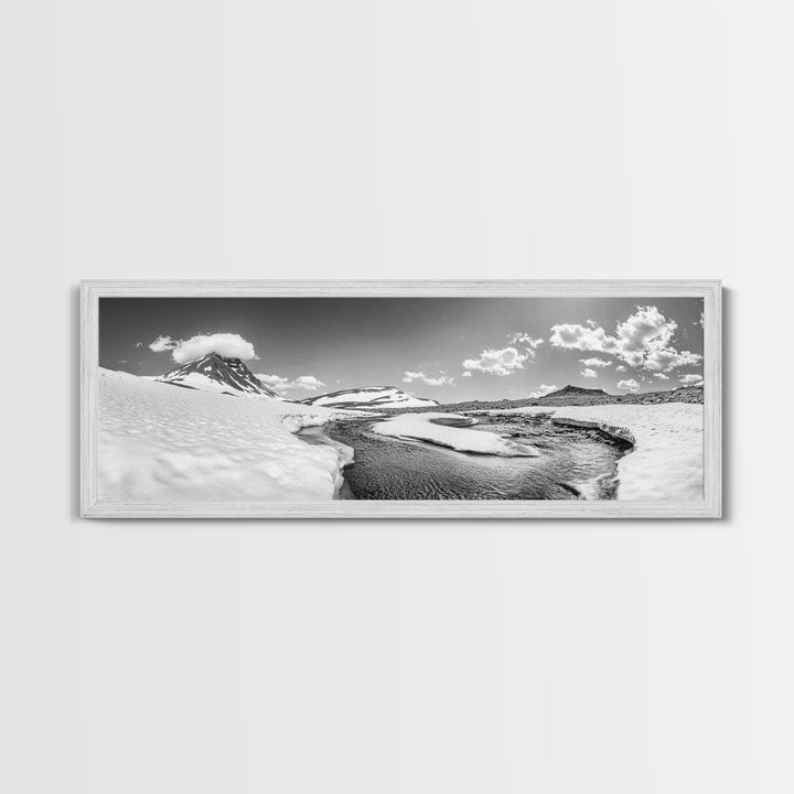Arctic Stream, Mountain Snow, Clear Sky, Framed Canvas Print, Scandinavian decor, nature wall art, winter bedroom print, cool color tones