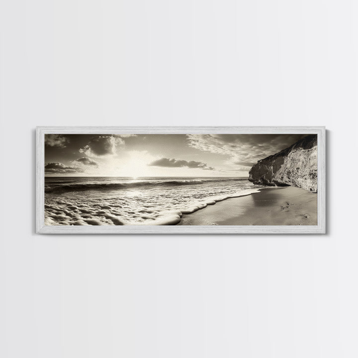 Cliff Coastline, Ocean Sunset, Beach Waves, Framed Canvas Print, seascape wall art, coastal bedroom decor, relaxing nature vibe, neutral art