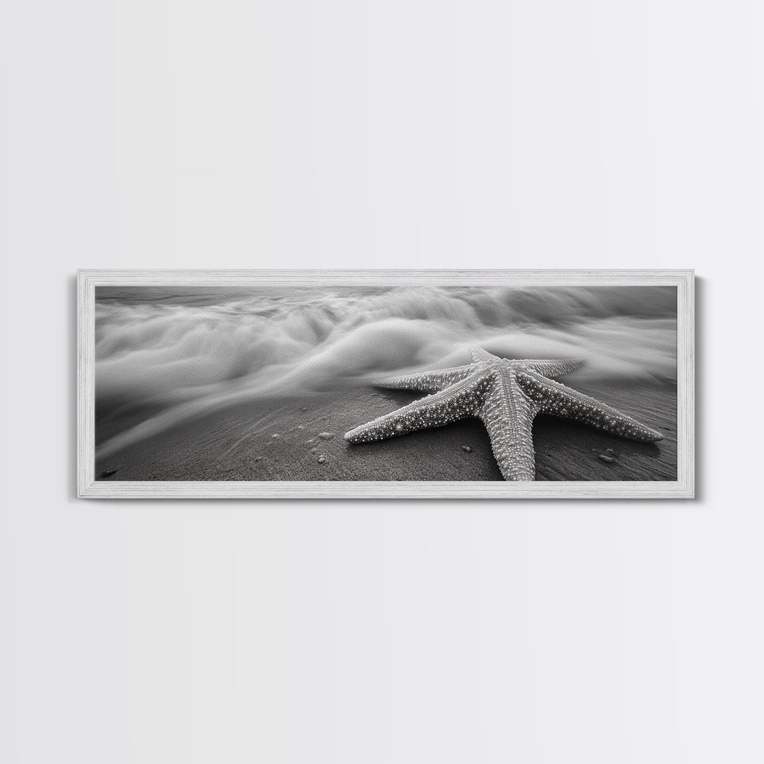 Starfish Closeup, Ocean Wave Motion, Coastal Macro Scene, Framed Canvas Print, minimalist beach decor, bathroom wall art, nautical vibe