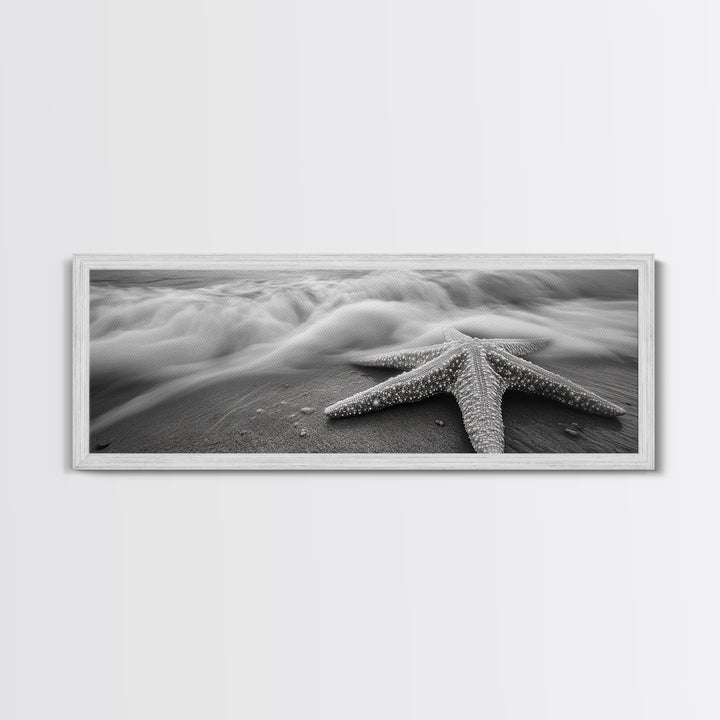 Starfish Closeup, Ocean Wave Motion, Coastal Macro Scene, Framed Canvas Print, minimalist beach decor, bathroom wall art, nautical vibe
