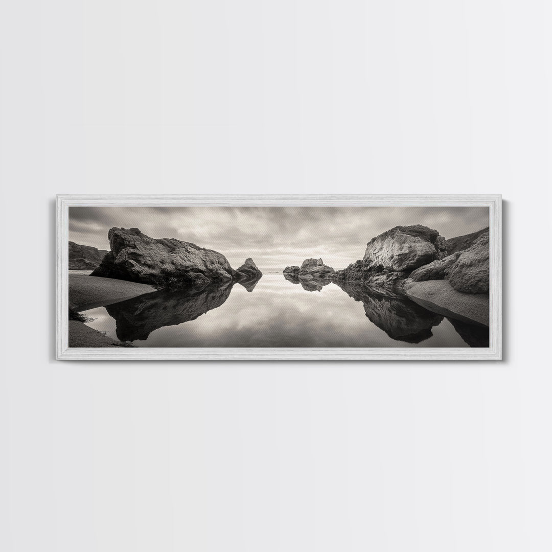 Rock Reflection, Coastal Tranquility, Nature Mirror, Framed Canvas Print, black and white coastal art, zen bathroom decor, moody ocean wall art