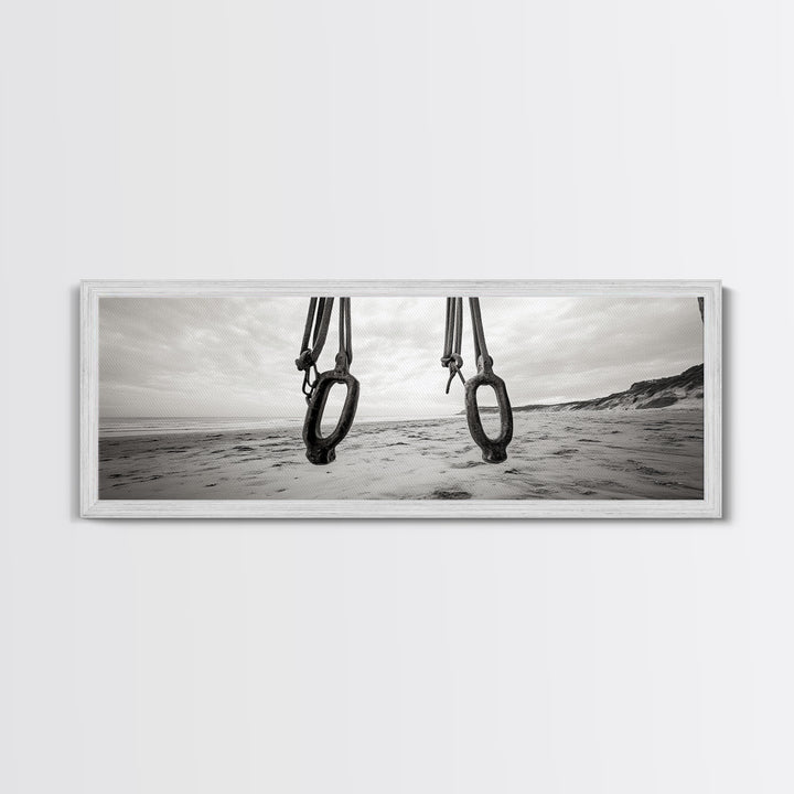 Nautical Swing, Beach Ropes, Seaside Minimalism, Canvas Print, black and white beach decor, coastal hallway wall art, maritime rustic style