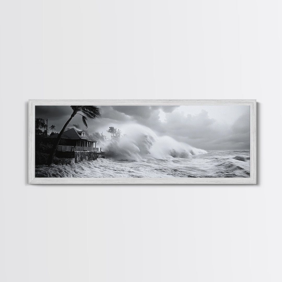 Stormy Waves, Ocean Fury, Tropical Housefront, Canvas Print, dramatic coastal decor, fall storm wall art, modern living room statement