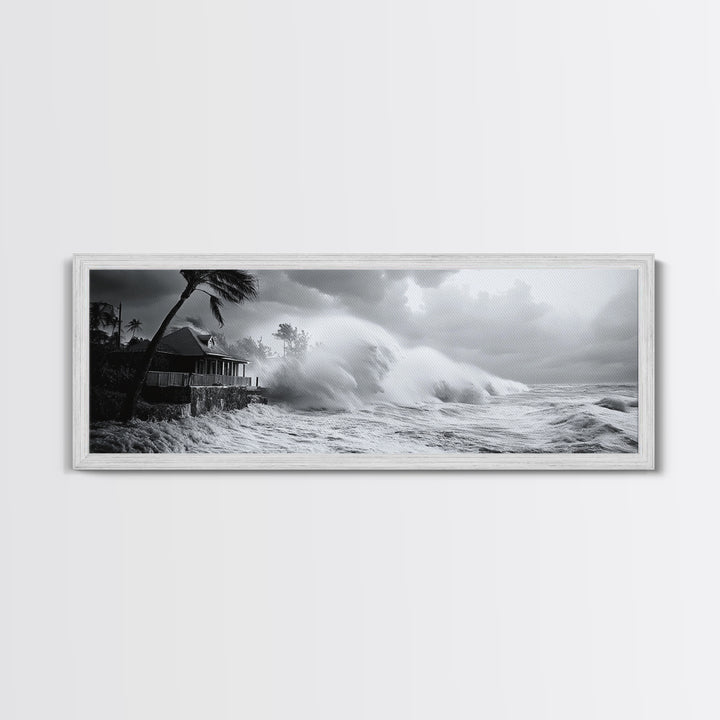 Stormy Waves, Ocean Fury, Tropical Housefront, Canvas Print, dramatic coastal decor, fall storm wall art, modern living room statement