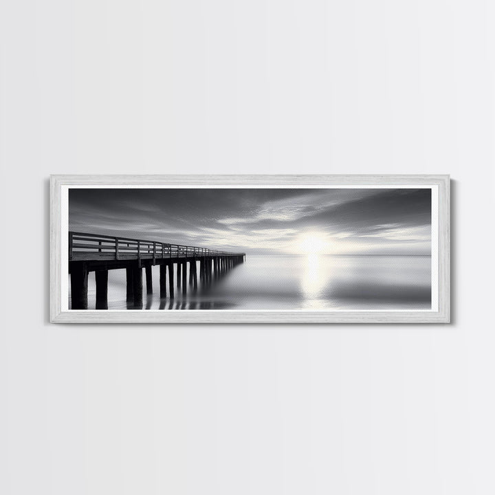 Ocean Pier, Tranquil Horizon, Serene Seascape, Framed Canvas Print, black and white beach wall art, bedroom coastal minimalism