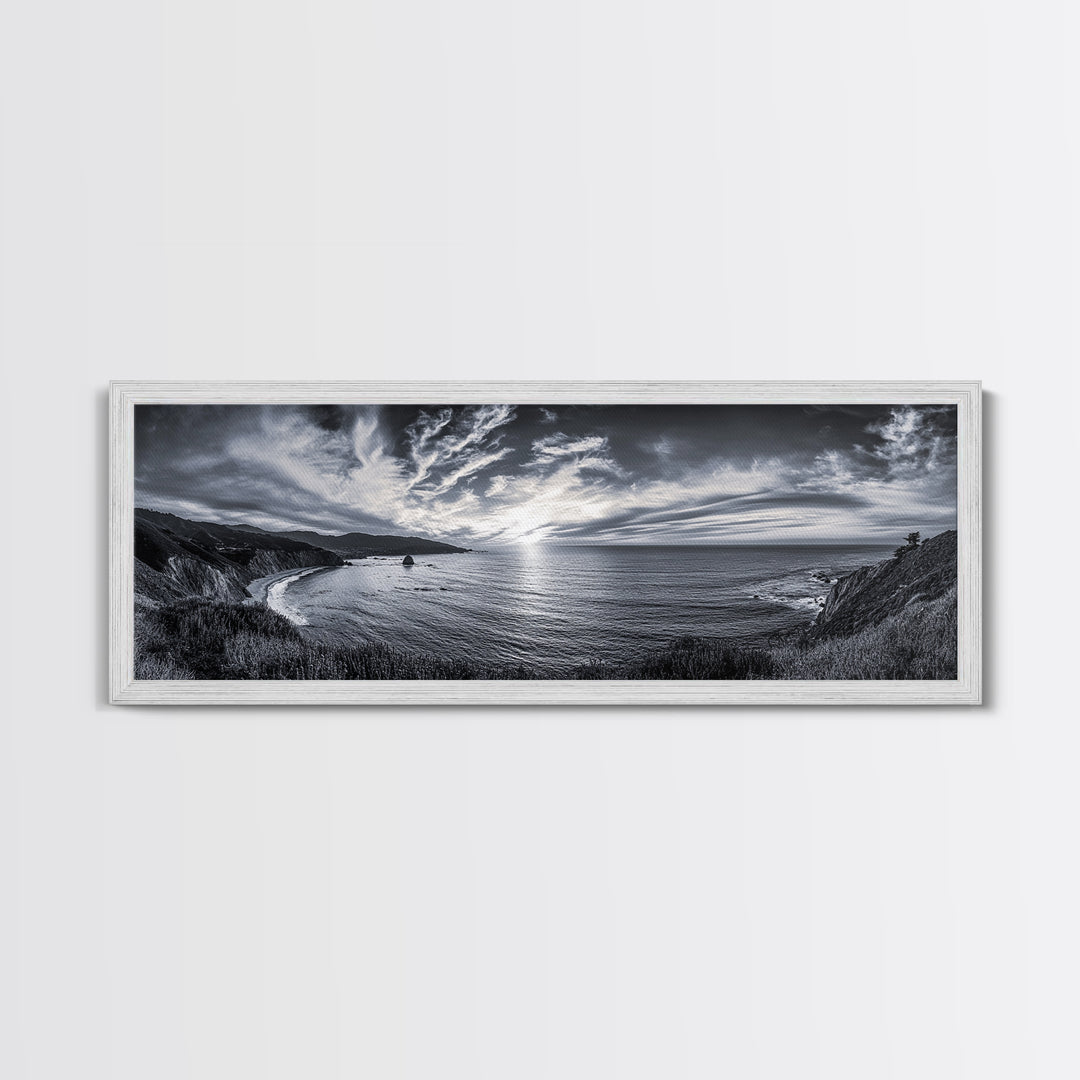 Cloudy Horizon, Wide Ocean View, Coastal Cliffs, Framed Canvas Print, dramatic seascape wall art, coastal kitchen decor, black and white