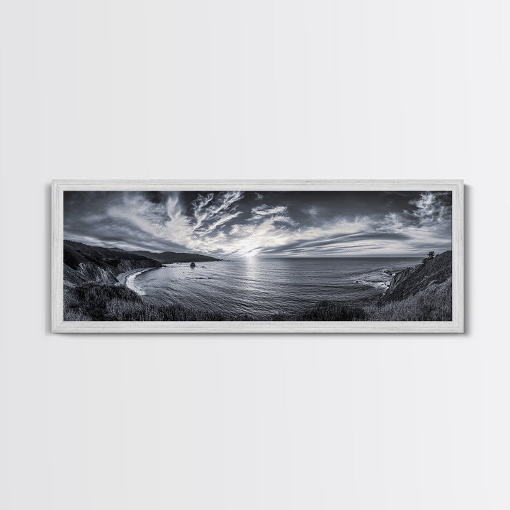 Cloudy Horizon, Wide Ocean View, Coastal Cliffs, Framed Canvas Print, dramatic seascape wall art, coastal kitchen decor, black and white