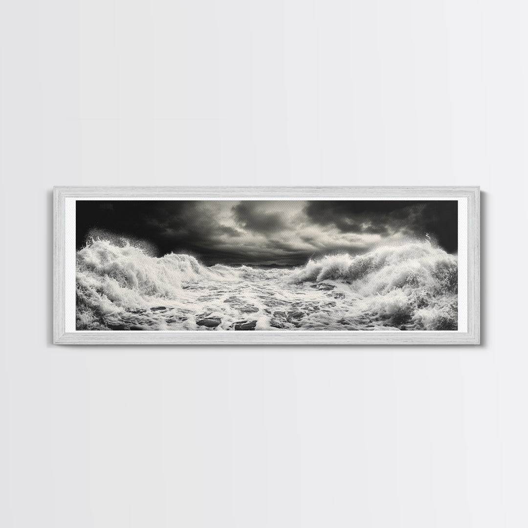 Storm Waves, Moody Sea, Ocean Power, Canvas Print, dramatic bathroom wall art, black and white seascape, coastal energy room decor