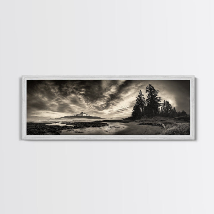 Mountain Shoreline, Stormy Sky, Forest Edge, Canvas Print, Wilderness Landscape Art, Cabin Decor, Moody Nature Photography